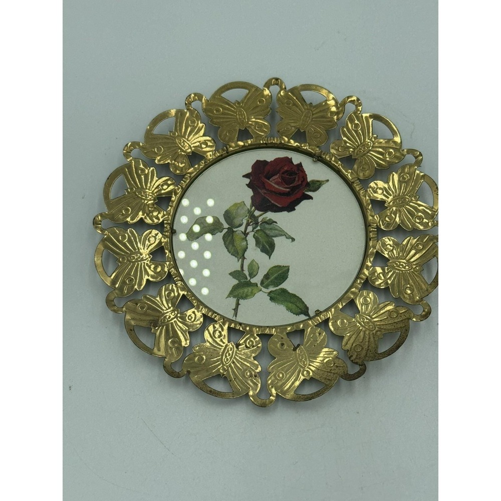 Vintage Brass Butterfly Round Picture Frame Made in England Floral Art